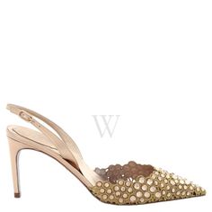 Rene Caovilla Ladies Heels. SKU: C11616-080-NA01O007. Color: Gold Lamb/Golden Shadow Stone. Shoe Style: Slingbacks. Vamp Style: Slip-on. SoleMaterial: Leather. Rene Caovilla Ladies Vega Crystal Gold Slingback Pumps. The Vega sling-back features a slip-on style, a scalloped pointed upper that is ornately adorned with round yellow crystals, pointed toe, adjustable slingback strap and signature sparkle sole. Please visit the brand website for sizing information. Vamp Style, Yellow Crystals, Ladies Heels, Golden Shadow, Brand Website, Rene Caovilla, Slingbacks, Sling Back, Slingback Pump