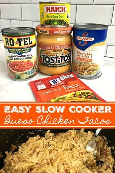 Photo of the ingredients for Slow Cooker Queso Chicken Tacos and a photo of the chicken after cooking in the crock pot. Slow Cooker Queso Chicken, Queso Chicken Tacos, Slow Cooker Queso, Queso Chicken, Chicken Tacos Easy, Slow Cooker Recipe, Taco Night, Think Food