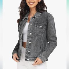 Women's Denim Jackets Button Up Long Sleeve Basic Trendy Trucker Jackets Brand New Without Tags Product Details About This Item Fabric Type 100% Cotton Care Instructions Machine Wash Origin Imported About This Item A Year-Round Favorite That Styles Up Any Outfit With Casual Cool. This Womens Jean Jacket Has A Classic Fit And Offers Give Where You Need It While Still Providing A Classic Straight Fit. This Denim Jacket Features Collared Neckline Design, Button Down Closure, Two Flap Chest Pockets Fall Button-up Denim Vest, Casual Button-up Denim Vest With Button Closure, Casual Denim Vest With Snap Buttons For Spring, Casual Spring Denim Vest With Snap Buttons, Spring Casual Denim Vest With Snap Buttons, Spring Casual Denim Vest, Trendy Button-up Denim Vest With Snap Buttons, Trendy Button-up Denim Jacket With Pockets, Trendy Cotton Denim Jacket With Button Closure