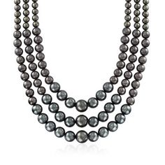 Ross-Simons - 6-12mm Black Shell Pearl Graduated Three-Strand Necklace, Silver. 18". Get a large, luxe pearl look at an easy price. We've triple-layered luminous strands of 6-12mm black shell pearls in graduated lengths of 18", 19" and 21" for a bold and dramatic take on the traditional must-have necklace. Our shell pearls are lab-created from oyster shells to ensure durability and affordability. Fastens with a sterling silver box clasp. Layered black shell pearl necklace. Pearl birthstones are Essential Jewelry, Black Velvet Choker Necklace, Pearl Look, Jewelry Presentation, Personalized Charm Necklace, White Topaz Earrings, Three Strand Necklace, Pearl Birthstone, Pink Pearl Necklace