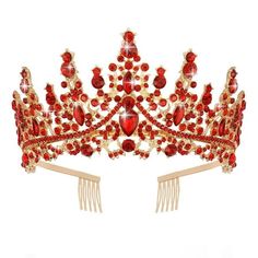 Description: Add a touch of elegance and glamour to any occasion with this exquisite crown tiara. Standing at approximately 6.5 cm tall with a diameter of 13 cm, this tiara is designed to fit most women and girls comfortably. Crafted from durable alloy and adorned with sparkling hand-set rhinestones, this crown is both sturdy and dazzling. The small holes on the sides ensure a secure fit without compromising on style. Available in a variety of fashionable colors, this tiara is perfect for weddin Sweet 16 Crowns, Quince Crown, Red And Gold Quince, Queen Fairy, Fairy Headpiece, Red Quince, Bridal Crown Tiara, Prom Gift, Red Crown