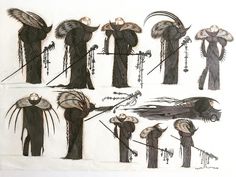 several drawings of different types of people with long hair and wings, standing in front of each other