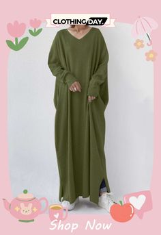 Women's Fall Swing Loose Solid Color Casual Sweat Dresses Green Maxi Dress For Daywear In Fall, Green Maxi Dress For Fall Daywear, Oversized Long Dresses In Solid Colors, Oversized Green Dress For Fall, Casual Green Maxi Dress For Winter, Oversized Solid Color Casual Dress, Oversized V-neck Maxi Dress For Fall, Green V-neck Maxi Dress For Winter, Green Oversized Winter Dress