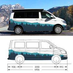 an image of a van with mountains and trees on the side, and below it