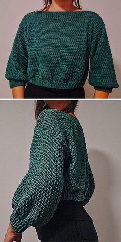 two pictures of a woman wearing a green sweater