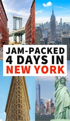 the new york city skyline with text overlaying it that reads jam - packed 4 days in new york