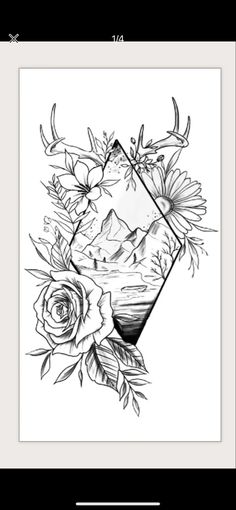 a black and white drawing of flowers with mountains in the background