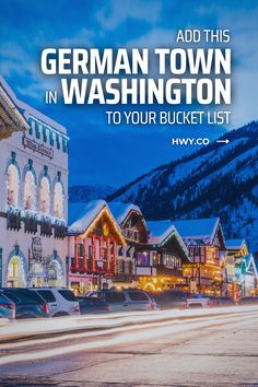 the german town in washington is lit up at night with christmas lights on it's buildings