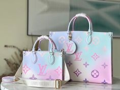 Fashioned from Monogram canvas in a new gradient pastel colorway, the OnTheGo PM tote brings a fresh touch to Spring silhouettes. This versatile bag offers many styling options, thanks to its cute detachable coin purse, removable jacquard strap, and two articulated Toron top handles. The most compact OnTheGo model, it easily holds a tablet, wallet and smartphone. Detailed Features 25 x 19 x 11.5 cm (Length x height x width ) Sunrise Pastel Monogram coated canvas Printed sari lining Gold-color ha Gradient Pastel, Sac Louis Vuitton, Luxury Bags Collection, Girly Bags, Luxury Purses, Cute Purses, Coach Bag, Vuitton Bag, Suitcases