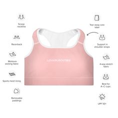 Get the perfect bra for your workouts! This comfy lovable cuties pink bra has a soft moisture-wicking fabric, extra materials in shoulder straps, and removable padding for maximum support. • 82% polyester, 18% spandex • Fabric weight: 6.78 oz/yd² (230 g/m²), weight may vary by 5% • Sports mesh lining: 92% polyester, 8% spandex • Padding: 100% polyurethane perforated foam and 100% polyester moisture-wicking fabric • Four-way stretch material • Scoop neckline and racerback • Support material in shoulder straps, and a wide elastic under breasts • Best for A–C cups • Removable padding included • Mesh lining with slits for removing paddings • Flat seams and bias binding that eliminate rubbing This product is made especially for you as soon as you place an order, which is why it takes us a bit l Supportive Pink Activewear With Built-in Padding, Pink Functional Activewear With Built-in Padding, Pink Functional Sports Bra With Built-in Padding, Supportive Pink Sports Bra For Workout, Pink Fitted Activewear With Built-in Padding, Pink Supportive Activewear With Built-in Padding, Supportive Pink Activewear For Yoga, Supportive Pink Sports Activewear, Supportive Pink Activewear For Sports