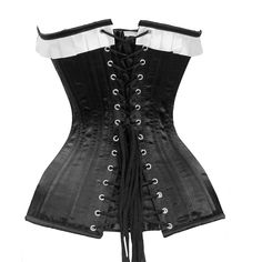 This Black lace up corset is an ideal option for waist reduction, body shaping, and tight lacing. Satin fabric is renowned for its exquisite feel, glossy surface, and smooth texture. This Over Bust corset boasts a striking, shiny exterior. This corset provides excellent spinal support for the lower, middle, and lumbar regions of the back. Additionally, wearing it regularly in the workplace can enhance posture. Premium steel boned corsets are manufactured with superior-grade components, allowing Underbust Boned Bodice Corset Shapewear, Underbust Shapewear Corset With Boned Bodice, Shapewear Underbust Corset With Boned Bodice, Fitted Black Overbust Corset, Elegant Black Underbust Corset Dress, Black Underbust Corset Belt With Corset Back, Black Overbust Corset With Medium Bust Support, Black Fitted Underbust Corset, Black Underbust Corset For Halloween