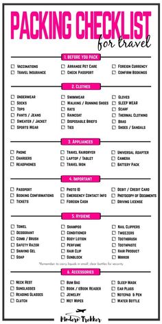 the packing checklist for travel is shown with pink and black text on it,