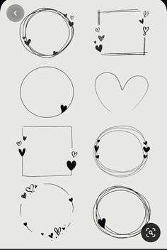 various frames and hearts drawn in black ink