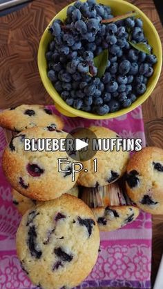 blueberry muffins and a bowl of blueberries