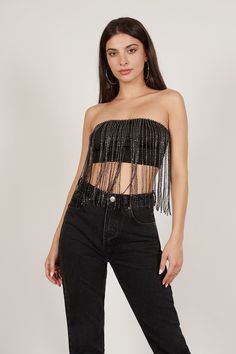 Strapless Rhinestone Fringe Tube Top Rhinestone Fringe Skirt, Junk Couture, Glam Western, Black Going Out Tops, Gay Cowboy, Chicago Musical, Black Fringe Top, Disco Aesthetic, Tube Top Outfits