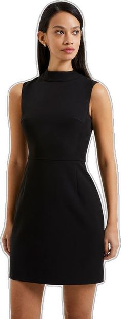 Elegant High Neck Sleeveless Formal Dress, Elegant High Neck Sleeveless Dress For Date Night, Sleek High Neck Mini Dress For Date Night, Chic High Neck Mini Dress For Work, Sleek High Neck Mini Dress For Work, Elegant High Neck Dress With Back Zipper, Elegant High Neck Sleeveless Dress For Night Out, Chic High Neck Sleeveless Evening Dress, Chic Sleeveless High Neck Evening Dress