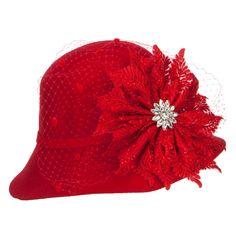 Flower Crystal Net Pom Wool ClocheMade of 100% wool.One size fits most women with an inner elastic adjustable tie, fitting up to 7 1/4.Fitted with an inner satin hatband.Adult/Woman.Crown measures 4 inches deep.Brim measures 3 - 3.5 inches long.Hand wash only.Imported. Fashionable wool felt cloche hat for ladies.Round and flexible crown.A big flower decoration with a small crystal flower inside is accented on one side.Decoration is detailed with a net and small poms.Slanted brim; side brim is sl Adjustable Holiday Evening Hat, Adjustable Formal Hat For Holidays, Adjustable Cloche Hat For Fall Party, Adjustable Wool Party Hats, Adjustable Mini Hats For Winter Evenings, Elegant Winter Felt Hat, One Size, Elegant Adjustable Mini Hats For Winter, Elegant Winter Mini Hats Adjustable, Winter Party Wool Cloche Hat