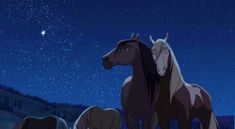 three horses standing in the grass under a night sky with stars and trees behind them