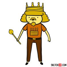 a drawing of a man with a crown on his head and holding a stick in one hand