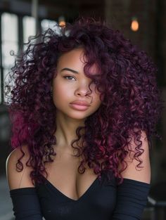 Creative Curly Hairstyle Inspirations Fun Colors For Curly Hair, Colored Hair For Brown Skin, Hi Lights For Dark Hair, Color Hair For Brown Skin, Curly Hair Dark Red, Musician Hairstyles, Red And Purple Hair Color Ideas, Burgundy And Purple Hair, Hair Color Ideas With Red