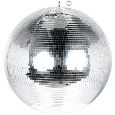 a disco ball ornament hanging from a chain on a white background with the image of a man's face reflected in it