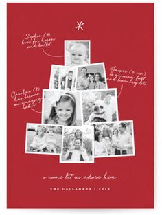 a red christmas card with photos and words on the front, in white lettering that says merry