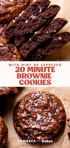 chocolate cookies are stacked on top of each other with text overlay that reads, with hint of espresso 20 minute brownie cookies