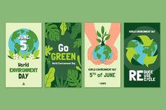 three banners for the world environment day with hands holding green leaves and globe on them