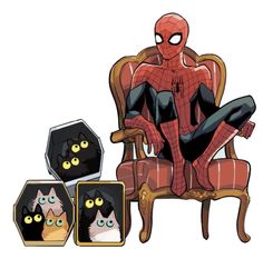 a spider man sitting on top of a chair next to two cat's eyes