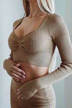 Bando Crop Top Long Sleeve Tan Nude by Marlina Boutique Fitted Knitted Tops For Loungewear, Fitted Knit Tops For Loungewear, Fitted Ribbed Knit Top For Loungewear, Chic Knitted Tops For Loungewear, Stretch Knitted Tops For Loungewear, Fitted Soft Knit Tops For Loungewear, Fitted Ribbed Sweater For Loungewear, Fitted Knitted Sweater For Loungewear, Beige Fitted Sweater For Loungewear