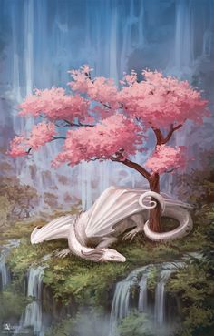 a painting of a white dragon sitting under a pink tree in front of a waterfall