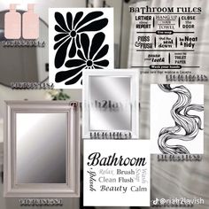 the bathroom is decorated with black and white decor items, including a mirror, sink, toilet