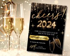 two glasses of champagne next to a black and gold new year's eve party card