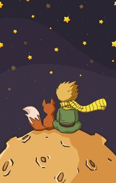 a little boy sitting on top of a rock next to a fox and star filled sky