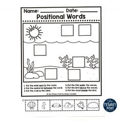 a worksheet with the words'name, date, and positional words