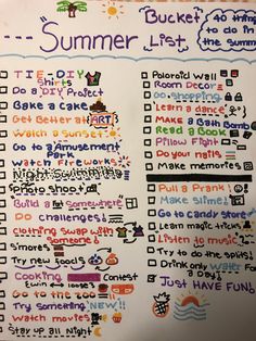 a summer list written on a whiteboard with writing in different languages and numbers,