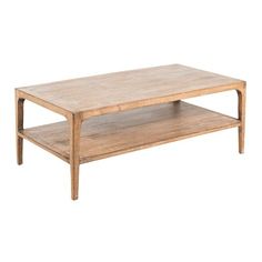 a wooden coffee table with two shelves on each side