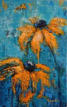 an abstract painting of yellow flowers on blue background