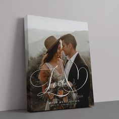 Personalize this Love heart calligraphy script custom photo canvas print with bride and groom's names and wedding date and place. Could be a perfect keepsake gift for the newlyweds.