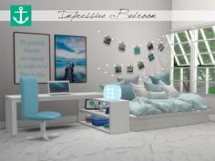 a bedroom with white walls and blue accents