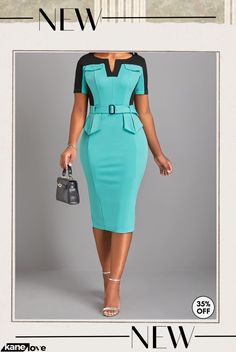 Cyan Split Belted Short Sleeve Bodycon Dress Office Sheath Bodycon Dress, Office Bodycon Sheath Dress, Bodycon Sheath Office Dress, Spring Office Wear Bodycon Dress, Bodycon Sheath Dress For Office Wear, Fitted Bodycon Dress For Spring, Spring Bodycon Dress For Work, Summer Bodycon Dress For Work, Green Bodycon Midi Dress For Work