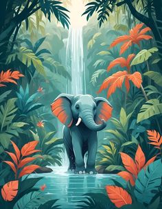 an elephant is standing in the middle of a jungle with water and trees around it