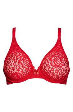 An underwire bra is designed with romantic stretch lace cups that remain smooth beneath your favorite tops. Style conventionally or with T-back straps for ultimate versatility. Back J-hook converts straps to T-back. Curve under center gore fits higher tummies or short-waisted figures. 82% nylon, 18% spandex. Hand wash warm, line dry. By Wacoal; imported. Lingerie. Underwire Bra With Lace Closure, Feminine Underwire Bra With Lace Closure, Luxury Lace Closure Low-cut Bra, Fitted Red Underwire Bra, Fitted Underwire Lace With Built-in Bra, Barbados Cherry, Tops Style, Underwire Bra, Stretch Lace