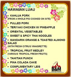 the menu for hawaiian luau