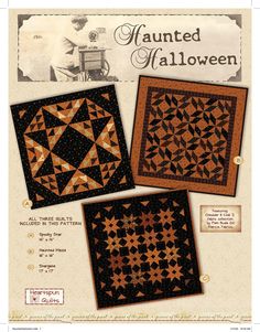 two quilts with black and orange designs on them, one has an image of a woman