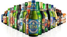 a large group of beer bottles are arranged in the shape of a star, on a white background