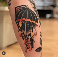 a person with a tattoo on their arm holding an umbrella in the air and lightning coming out of it