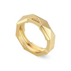 From Gucci, the Link to Love collection is an exploration of modern romance characterizing new symbols of love. The collection combines different gold tones and a mix of finishes blending the lines between masculine and feminine. Each piece is meant to inspire individualized ways to wear them with stackable and layered features. This studded ring is crafted in 18k yellow gold and measures 6mm in width. Link this ring with other styles from the collection to curate your own design. This ring is a Gucci Ring, Symbols Of Love, Masculine And Feminine, Faceted Design, Jewelry Design Drawing, Jewels Rings, Diamond Supply, Coin Ring, Modern Romance