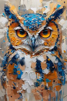 an owl with yellow eyes is shown in this artistic painting by artist markiek