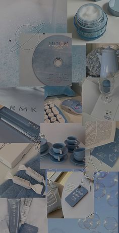 a collage of blue and white items including cds, cards, vases and candles